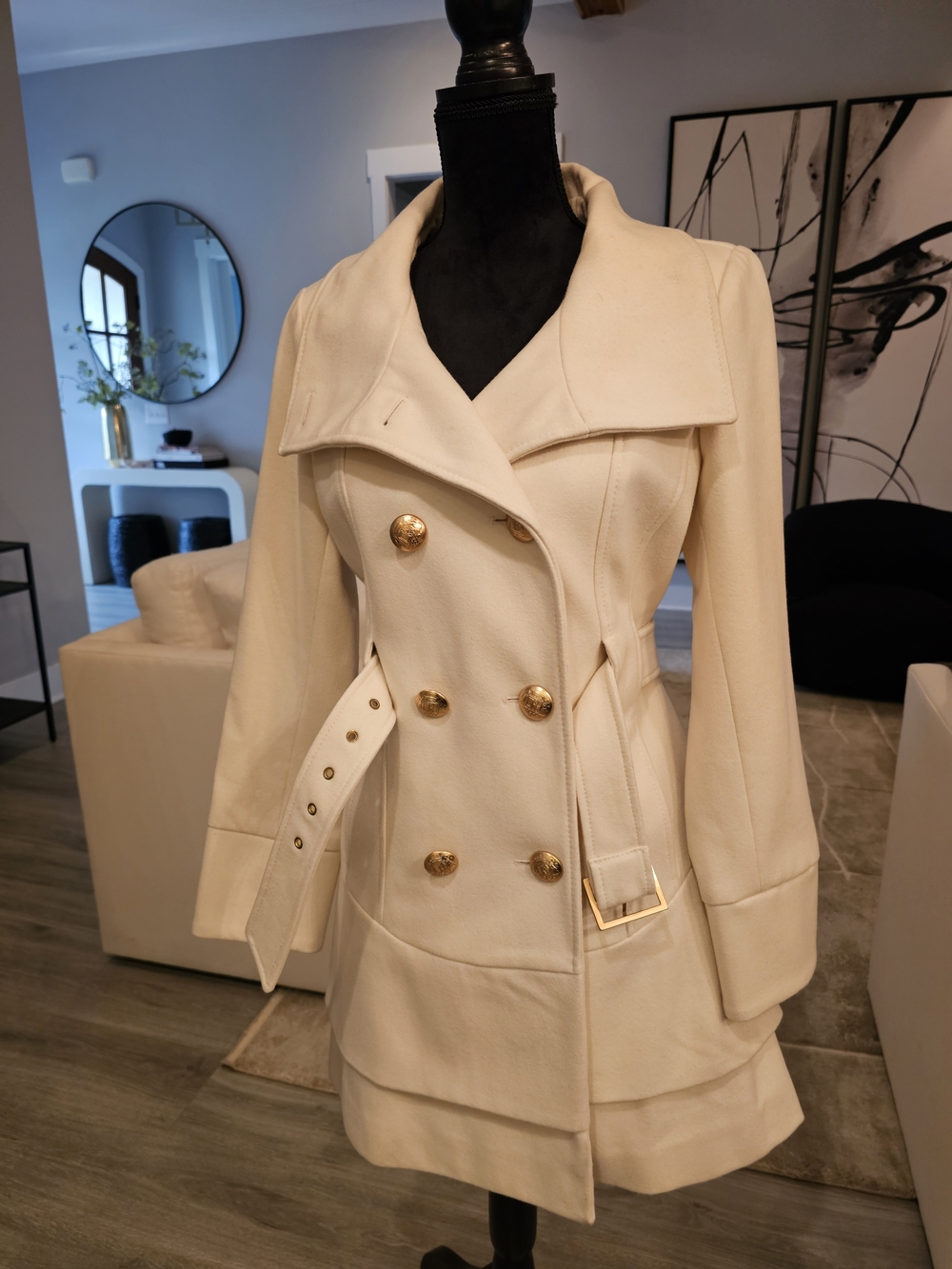 GUESS Cream Double-Breasted Belted Trench Coat with Gold Buttons